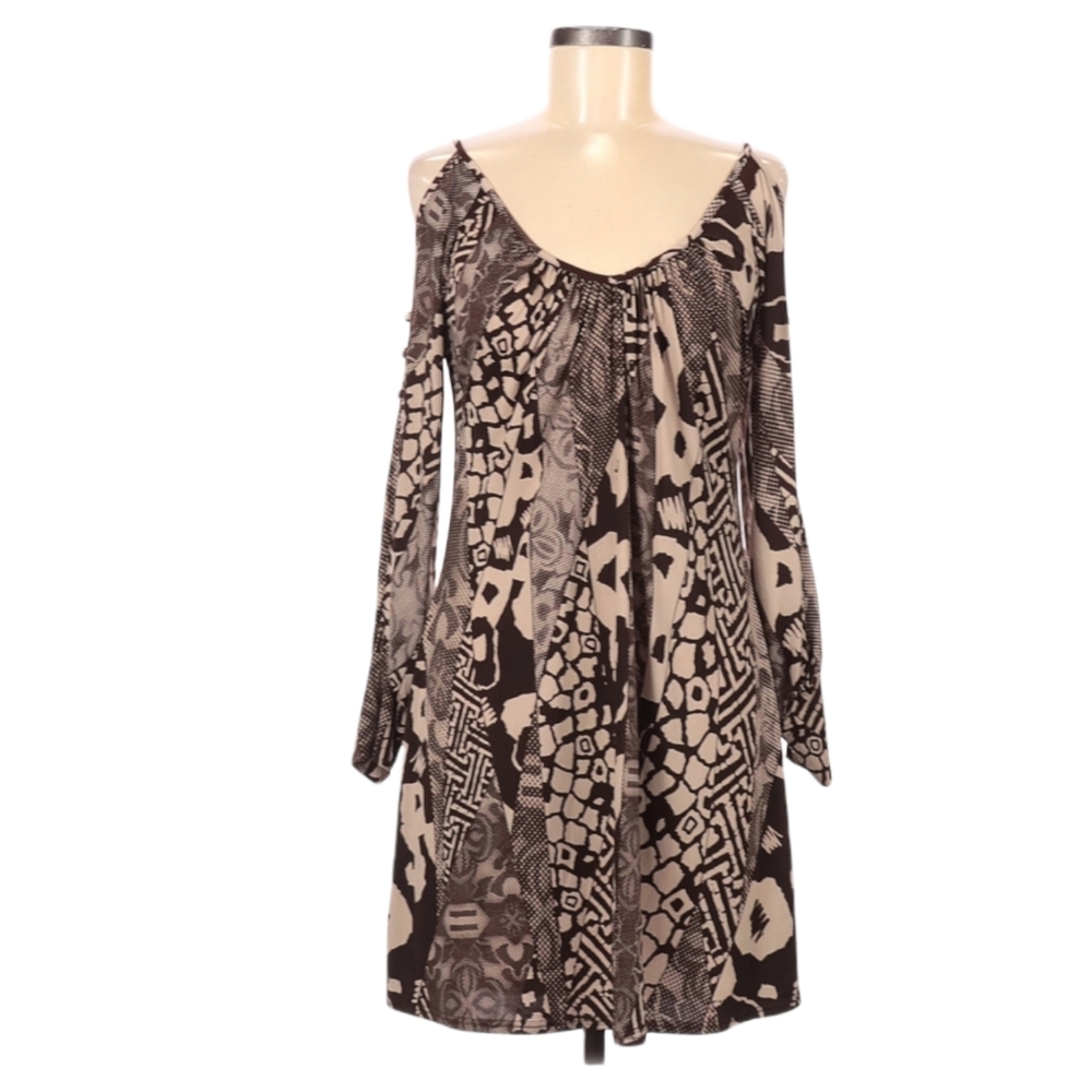 S-Twelve‎ Cold Shoulder Abstract Print Dress Size M Long Sleeve Brown Cream